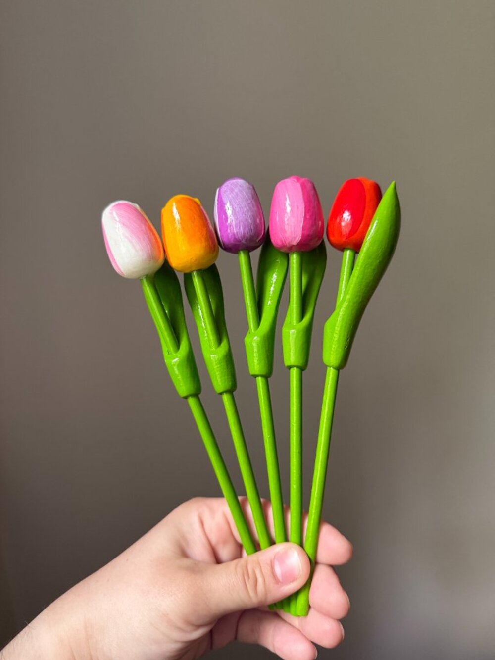 Set of 5 Wood Colourful Tulips Hand Painted Made in Holland 8" Flowers